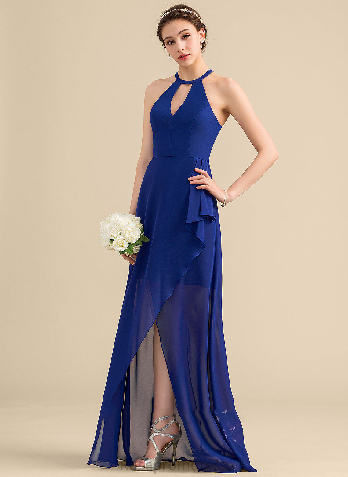 Silhouette ScoopNeck Length Neckline CascadingRuffles Fabric A-Line Embellishment Asymmetrical Khloe Sleeveless Floor Length Bridesmaid Dresses