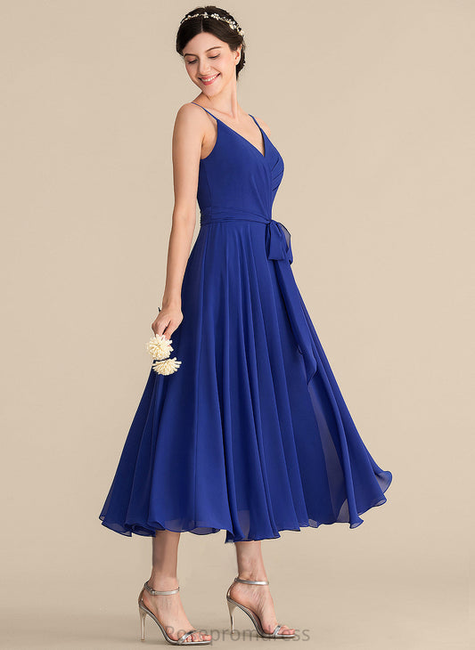 Fabric Length Embellishment Ruffle A-Line Tea-Length Bow(s) Neckline Silhouette V-neck Alena A-Line/Princess Bridesmaid Dresses