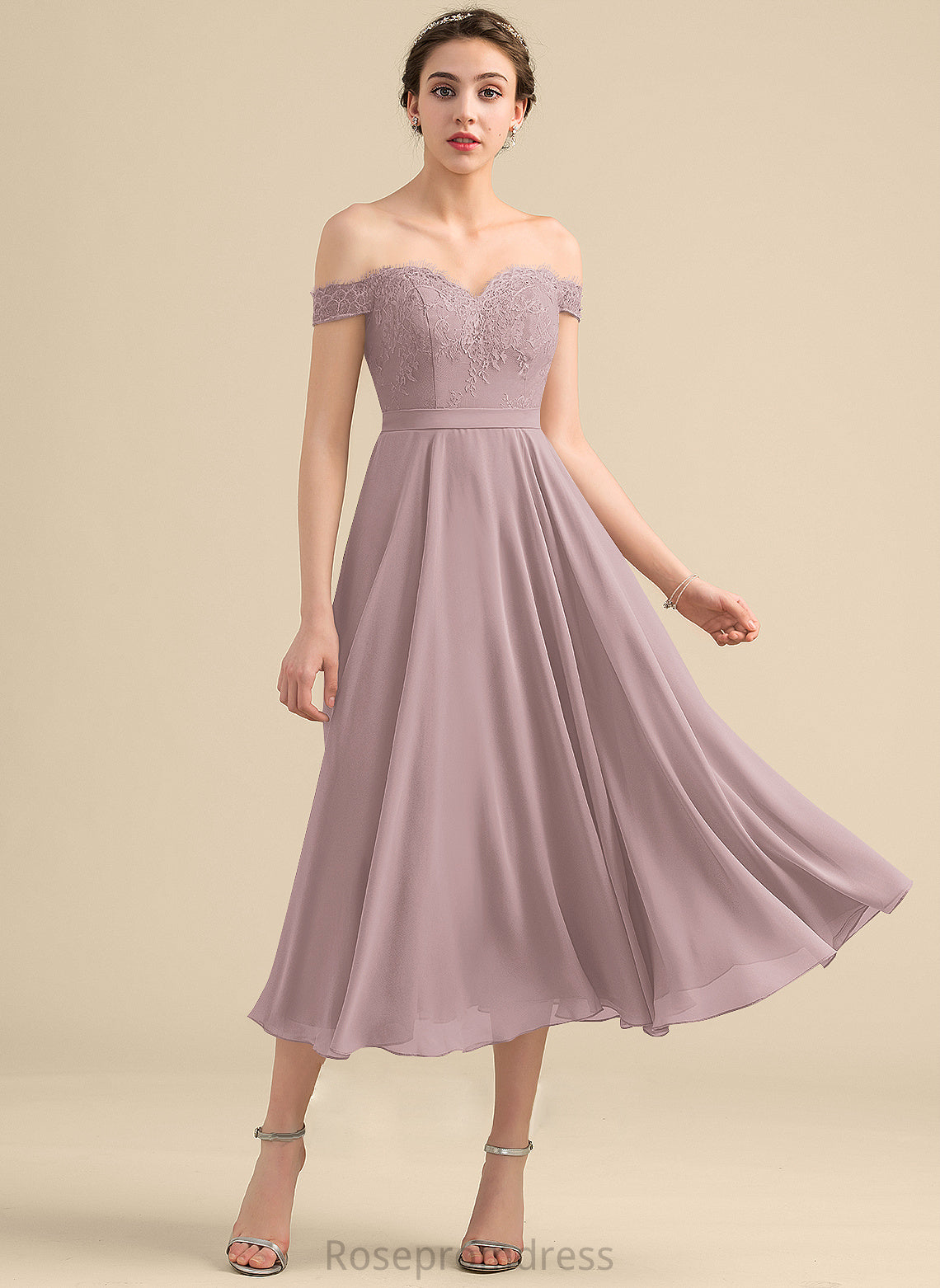 Length Off-the-Shoulder Beading Embellishment Fabric A-Line Sequins Tea-Length Silhouette Neckline Sahna A-Line/Princess Bridesmaid Dresses