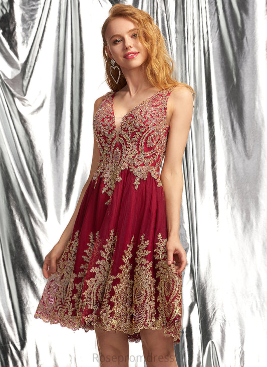 Prom Dresses Short/Mini V-neck With Lace Tulle A-Line Appliques Celeste