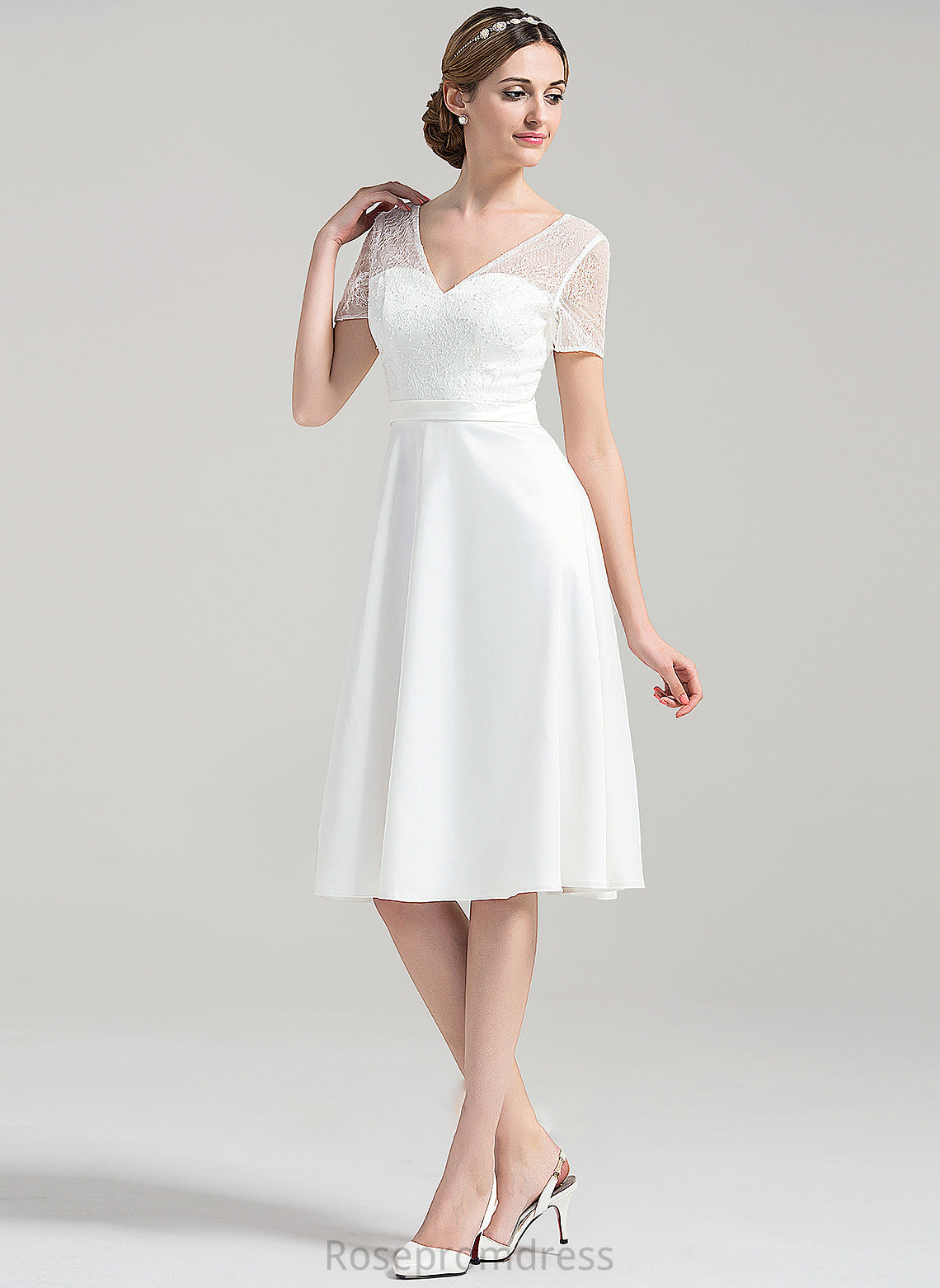 Ashlee V-neck A-Line Satin Dress Wedding Knee-Length Wedding Dresses