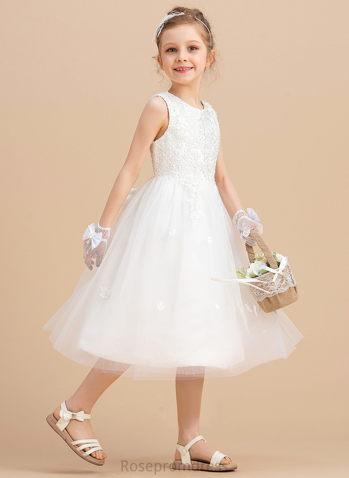 Tea-length Neck Girl Flower Mayra A-Line Satin/Tulle Scoop With Bow(s) Flower Girl Dresses Sleeveless Dress