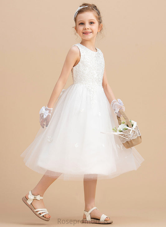 Tea-length Neck Girl Flower Mayra A-Line Satin/Tulle Scoop With Bow(s) Flower Girl Dresses Sleeveless Dress