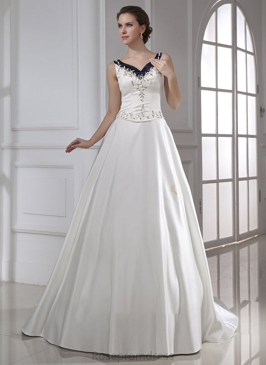 Dress Chapel Satin V-neck Beading Embroidered Ball-Gown/Princess Train Wedding With Kaley Wedding Dresses Sequins