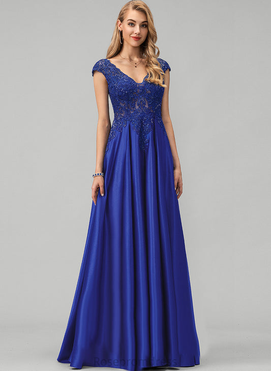 Prom Dresses Satin With V-neck Sequins Floor-Length Micah Ball-Gown/Princess