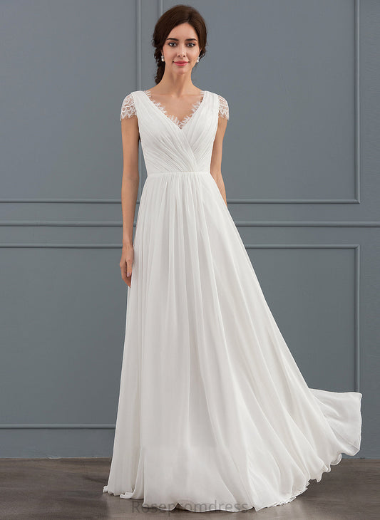 Ruffle V-neck Lace Chiffon Wedding A-Line Floor-Length With Dress Gillian Wedding Dresses