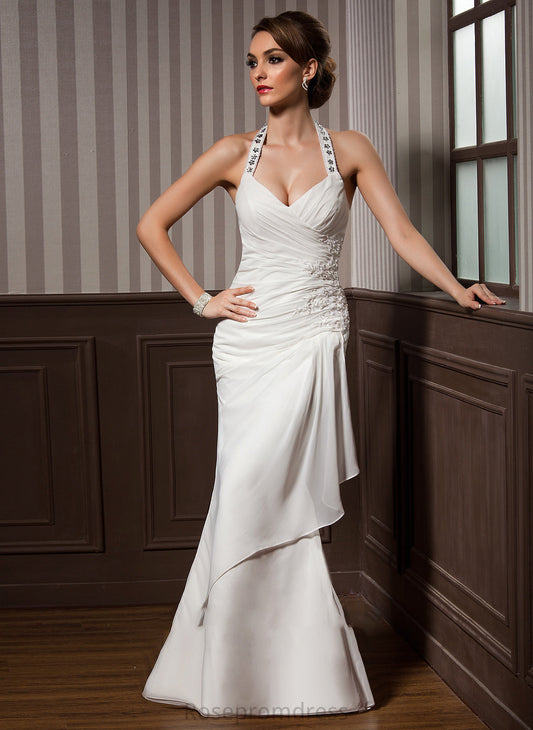 Sheath/Column Floor-Length Wedding Dress Satin Wedding Dresses Beading Sequins Halter Appliques Chiffon With Ruffle Lilian Lace