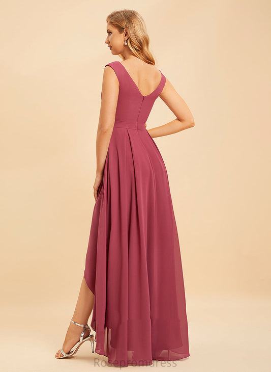 Ruffle Silhouette Neckline V-neck Asymmetrical Length Fabric A-Line Embellishment Arabella Spaghetti Staps Sleeveless Bridesmaid Dresses