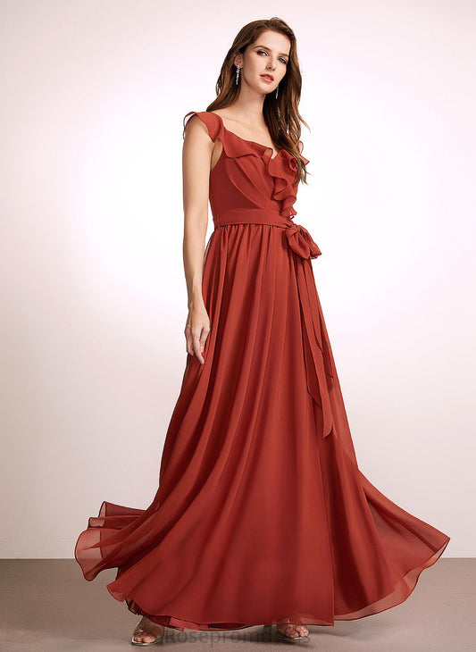 A-Line Length Neckline Floor-Length Ruffle Embellishment V-neck Silhouette Fabric Melody Natural Waist Sleeveless Bridesmaid Dresses
