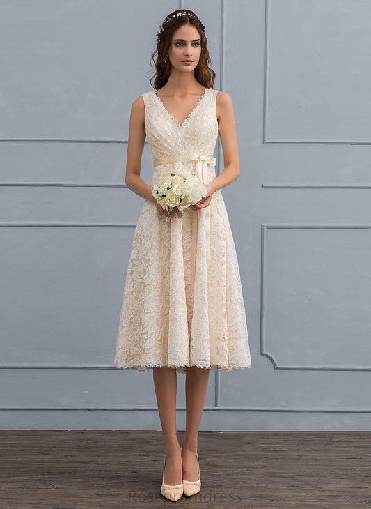 Lace Alma Bow(s) Wedding V-neck With Dress Wedding Dresses Knee-Length A-Line