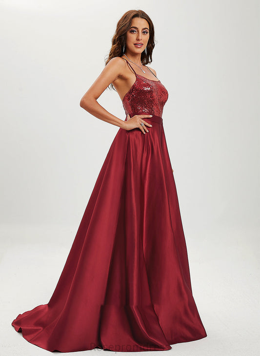 Sequins Neck Elaine Satin Ball-Gown/Princess Scoop Sweep With Prom Dresses Train