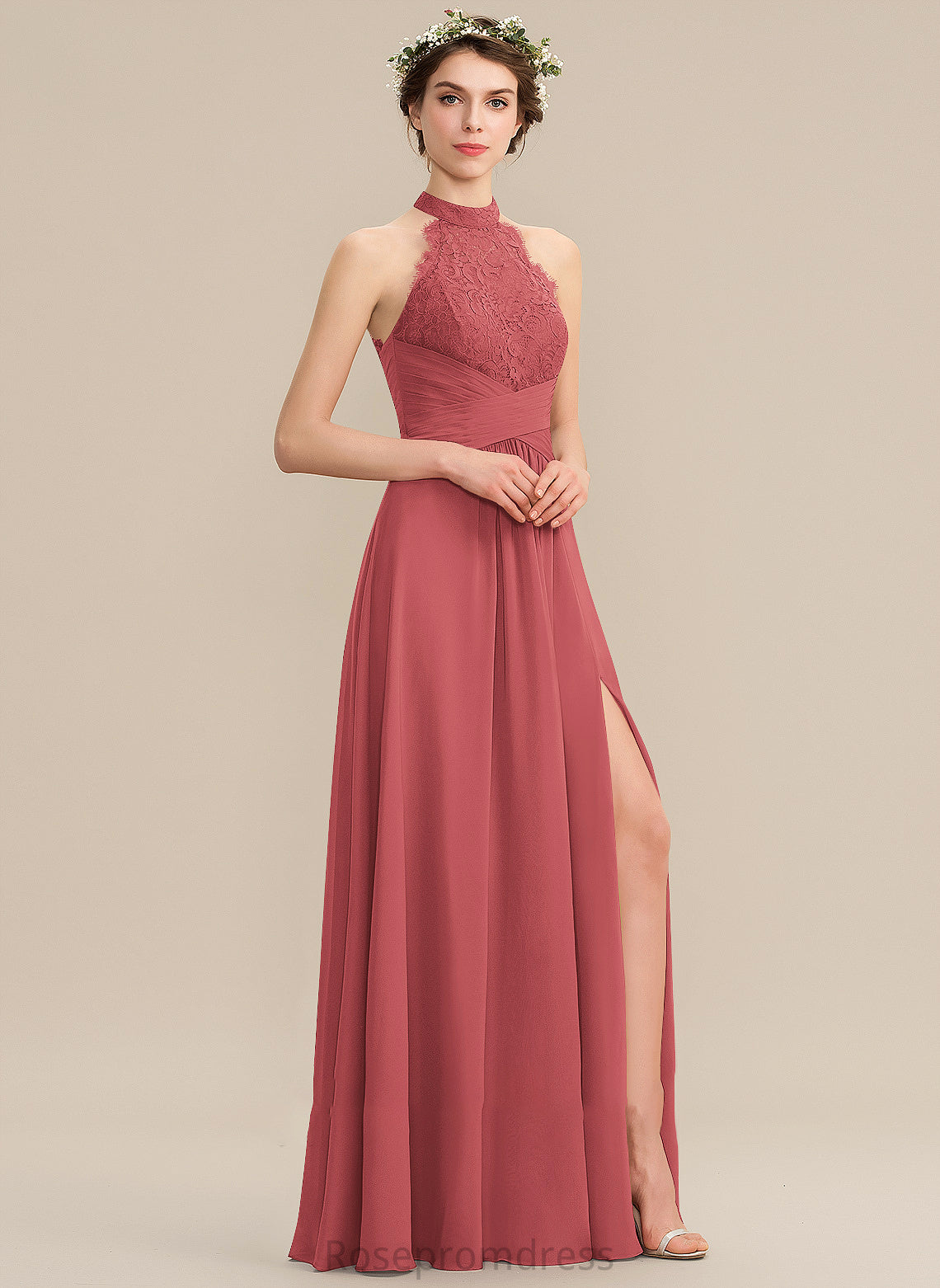 Floor-Length Ruffle A-Line SplitFront Neckline Fabric Length Silhouette Embellishment HighNeck Alejandra Floor Length Bridesmaid Dresses