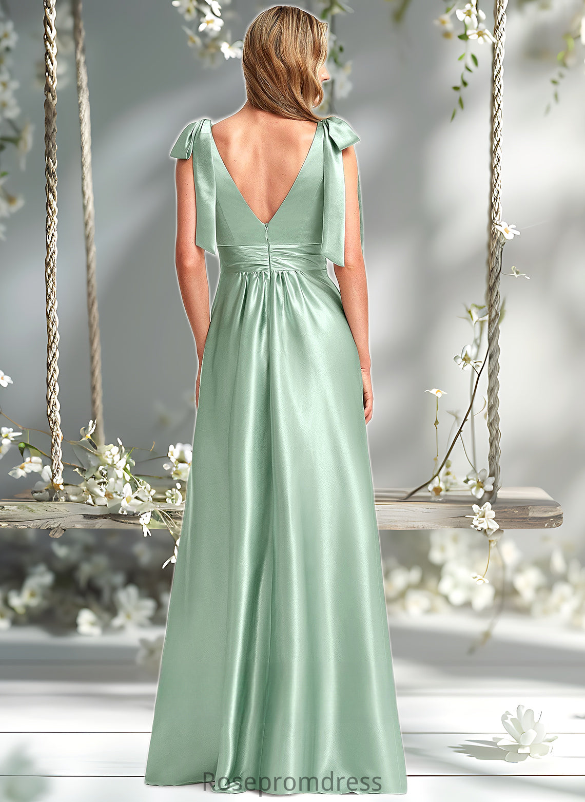 Sara A-line V-Neck Floor-Length Stretch Satin Bridesmaid Dress With Bow DSP0025737