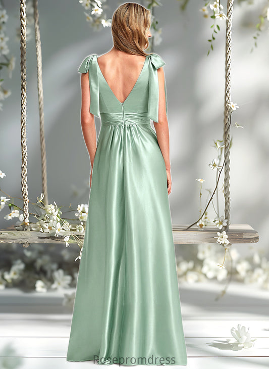 Sara A-line V-Neck Floor-Length Stretch Satin Bridesmaid Dress With Bow DSP0025737