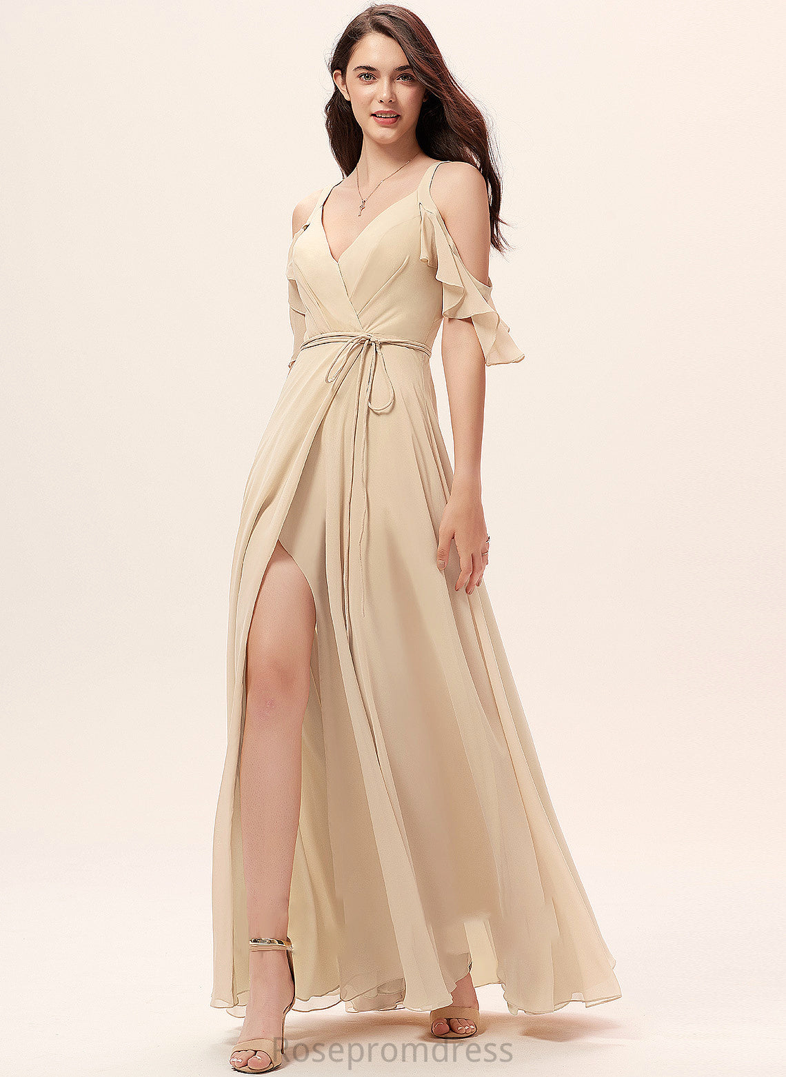 Fabric Floor-Length Embellishment Silhouette SplitFront Ruffle V-neck Neckline Length A-Line Vanessa Natural Waist Bridesmaid Dresses