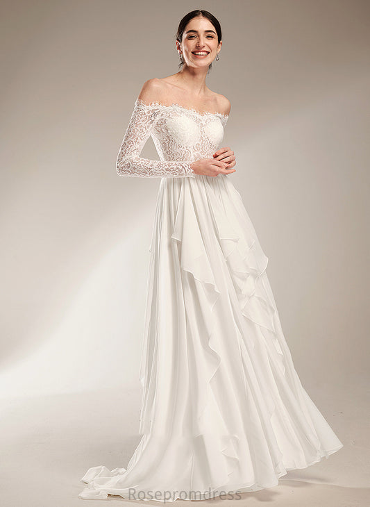A-Line Off-the-Shoulder Wedding Dresses Ruffle With Train Wedding Nathalie Court Dress