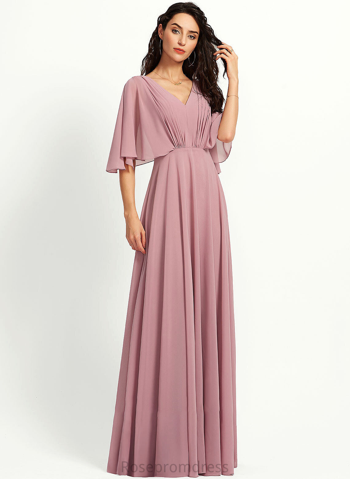 Length Silhouette Ruffle Floor-Length A-Line Fabric Embellishment V-neck Neckline Larissa Bridesmaid Dresses
