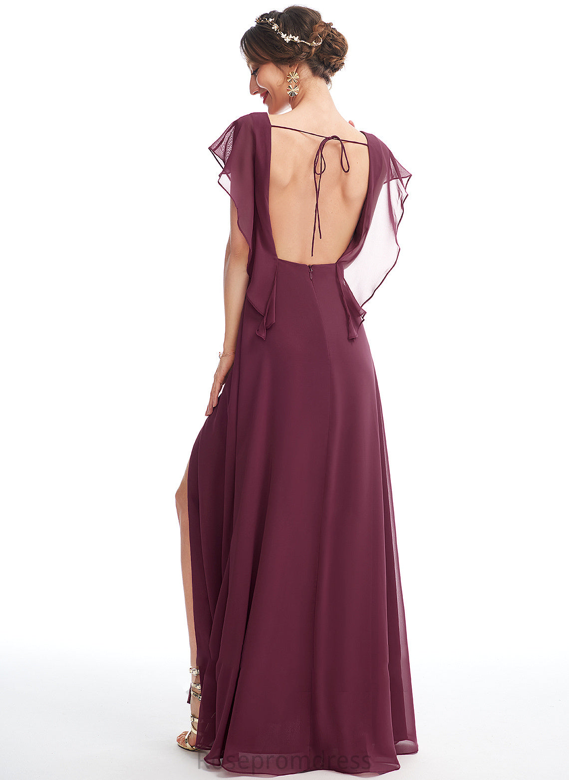 V-neck Neckline Silhouette Fabric Length A-Line Ruffle SplitFront Floor-Length Embellishment Marlie Bridesmaid Dresses