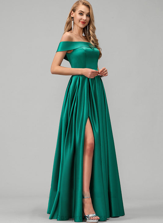Satin Off-the-Shoulder Split Ball-Gown/Princess With Prom Dresses Floor-Length Front Rosalind Pockets