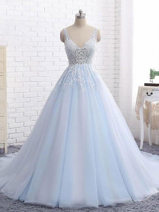 Sexy Ball Gown Tulle Sky Blue V-neck Appliques Brush Train Long Sleeveless Prom Dresses RS505
