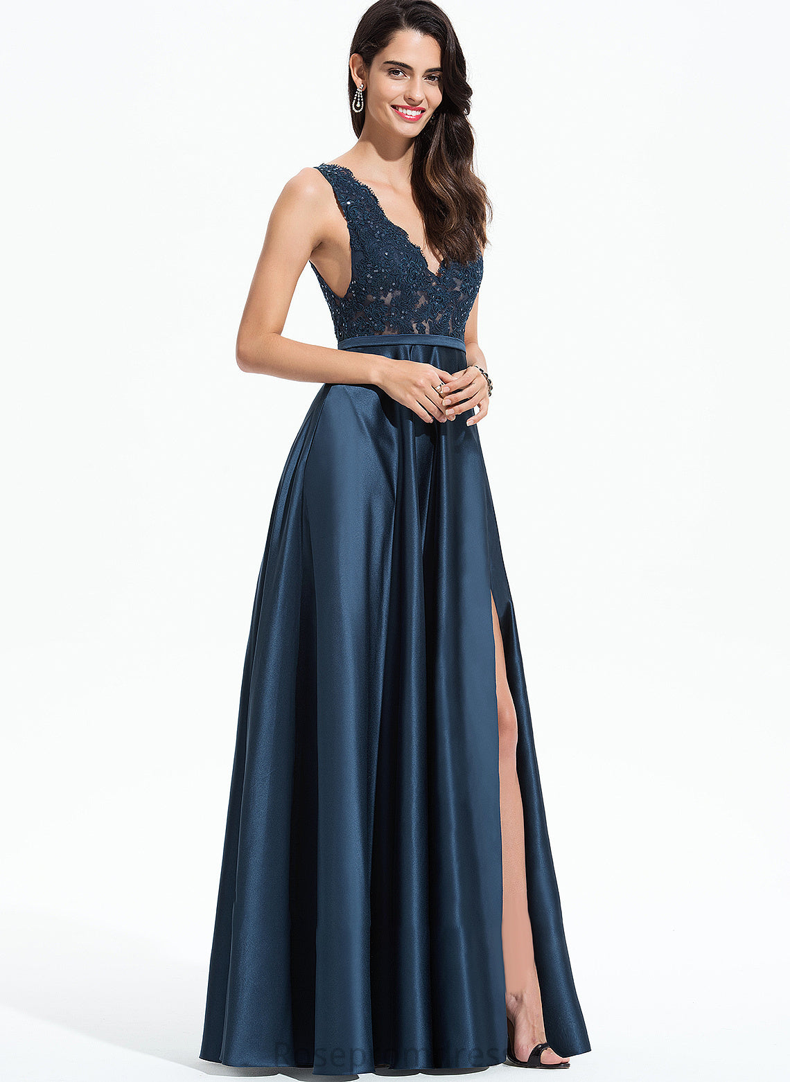 Prom Dresses Satin Pockets Lace Katherine With Sequins A-Line Floor-Length Split Front V-neck