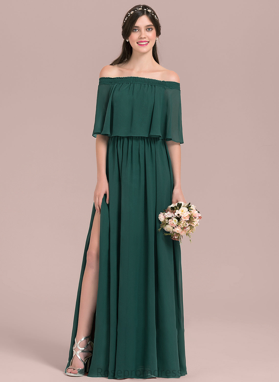 Fabric Silhouette Length Neckline Embellishment Off-the-Shoulder SplitFront A-Line Floor-Length Haley High Low Natural Waist Bridesmaid Dresses