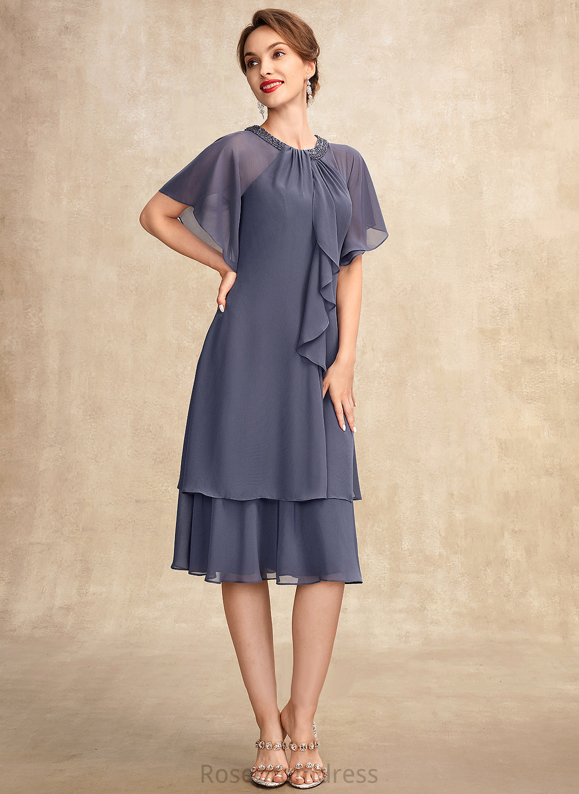 Scoop Sequins Beading Chiffon Dress With Aurora the A-Line Mother Neck Ruffles of Cascading Bride Mother of the Bride Dresses Knee-Length