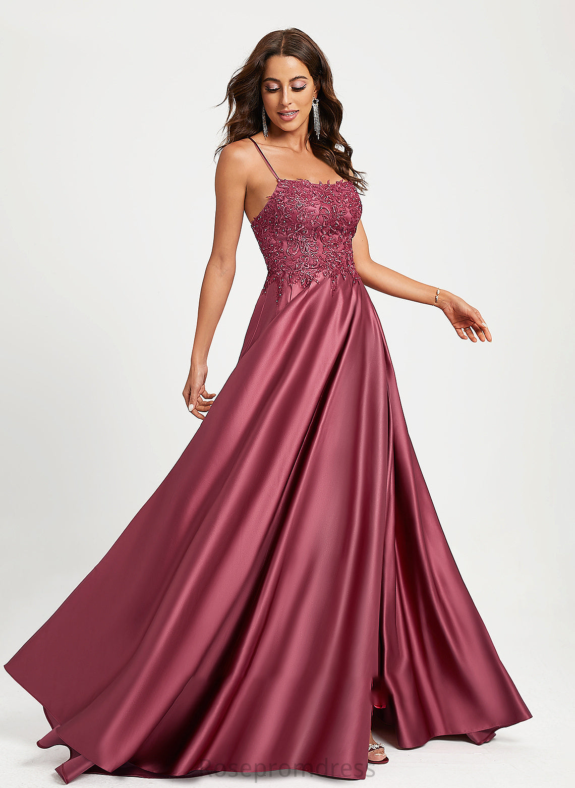 Sequins Beading Lilly Satin Square With Train A-Line Sweep Neckline Prom Dresses
