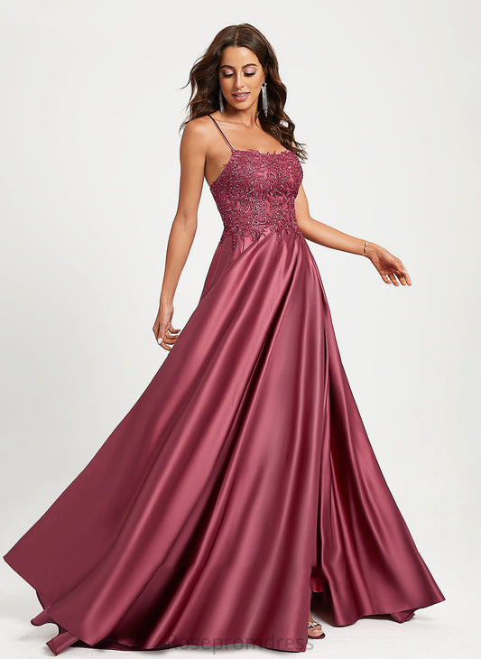 Sequins Beading Lilly Satin Square With Train A-Line Sweep Neckline Prom Dresses