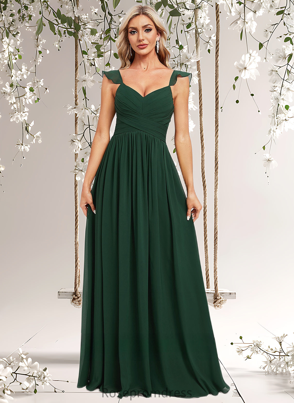 Coral A-line V-Neck Floor-Length Chiffon Bridesmaid Dress With Ruffle DSP0025811