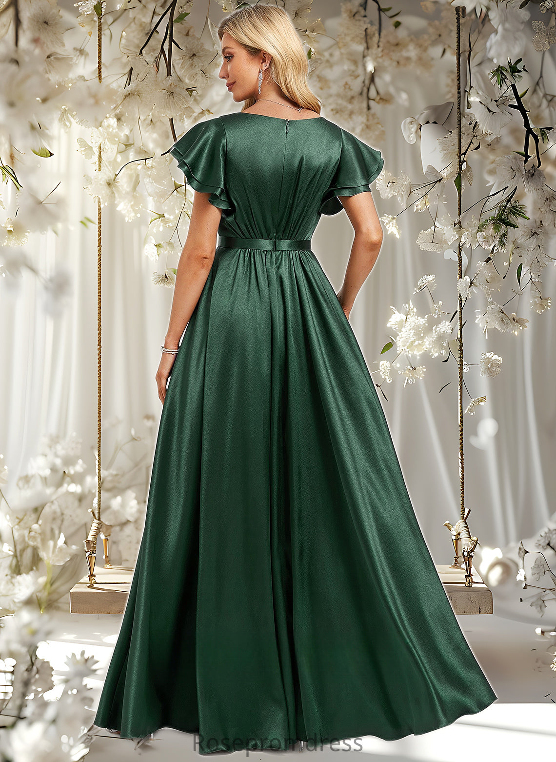Magdalena A-line Scoop Floor-Length Stretch Satin Bridesmaid Dress With Ruffle DSP0025770