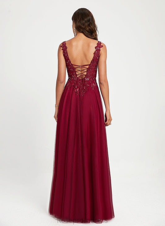 Sequins Tulle Floor-Length Ball-Gown/Princess V-neck With Lace Zion Prom Dresses
