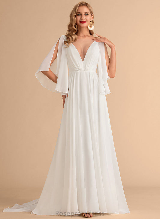 Monserrat Sweep Train Chiffon A-Line V-neck Wedding Wedding Dresses Dress
