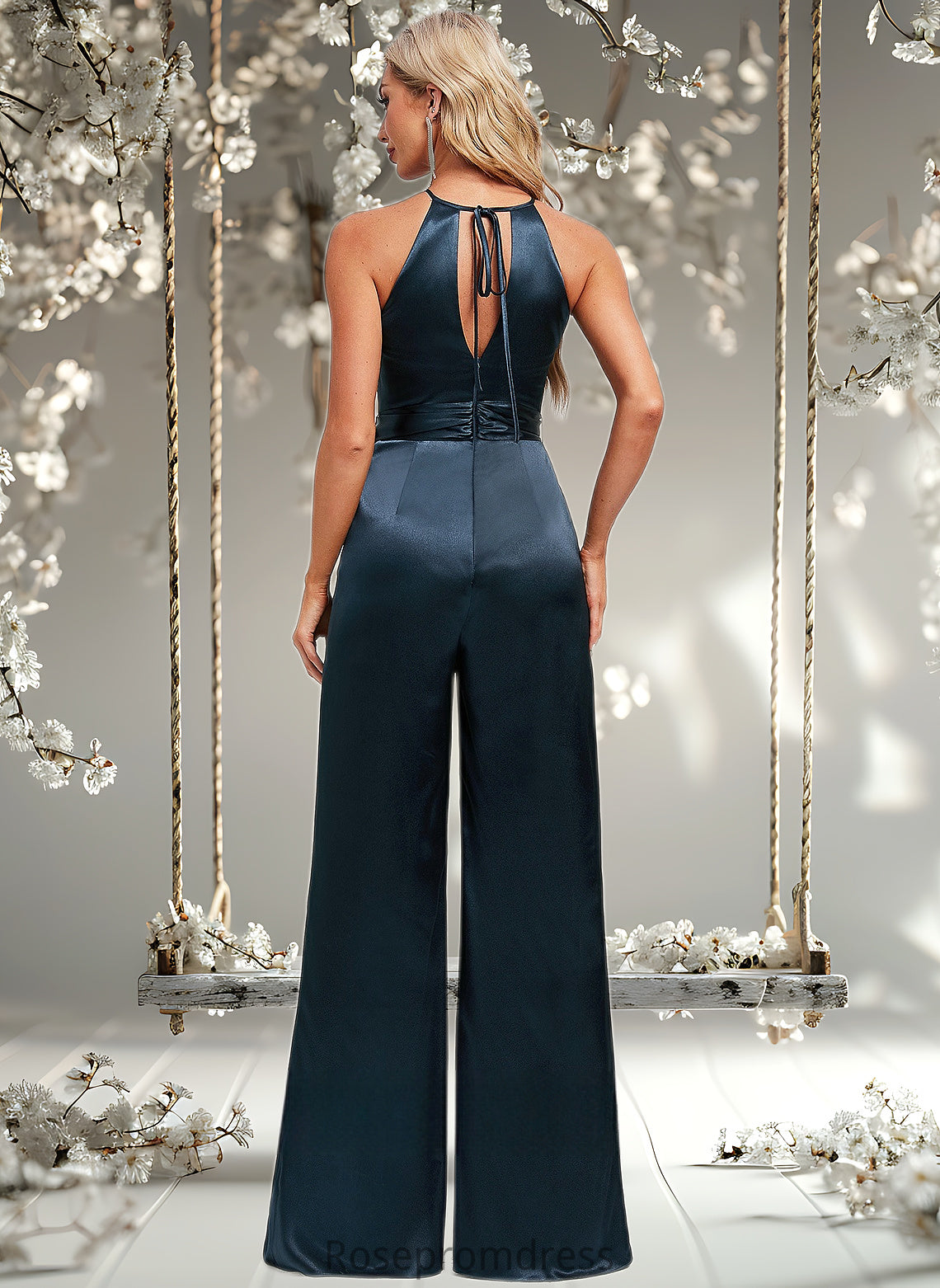 Elliana Jumpsuit/Pantsuit Halter Floor-Length Stretch Satin Bridesmaid Dress DSP0025805