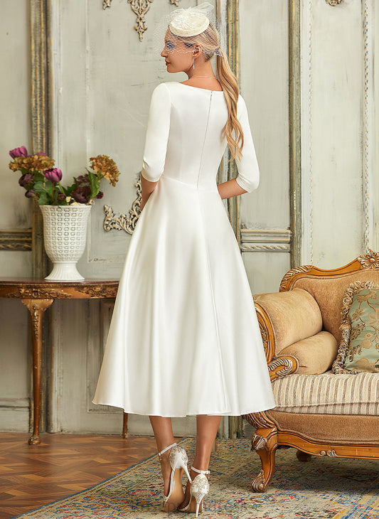 Marlee Satin Tea-Length V-neck Wedding Wedding Dresses Dress A-Line