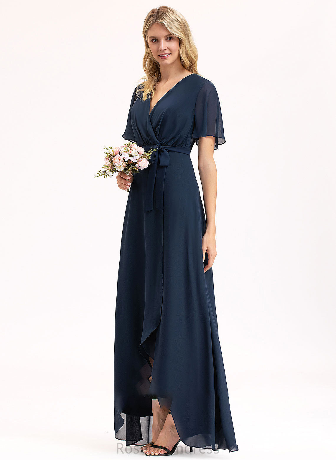 Fabric A-Line V-neck Neckline Length Silhouette Embellishment Bow(s) Asymmetrical Christina Bridesmaid Dresses
