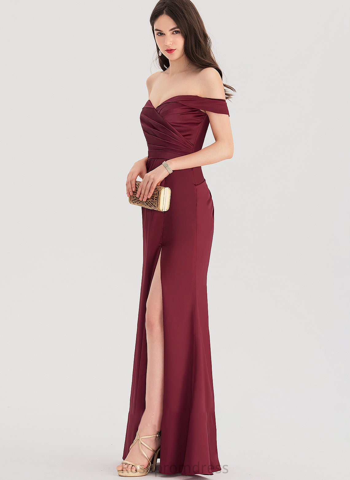 Satin Floor-Length Front Off-the-Shoulder Ruffle Erika Split Prom Dresses With Sheath/Column