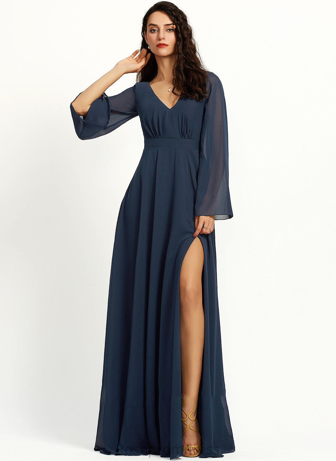 Fabric Silhouette Neckline Floor-Length SplitFront Embellishment V-neck Length A-Line Caitlyn Bridesmaid Dresses