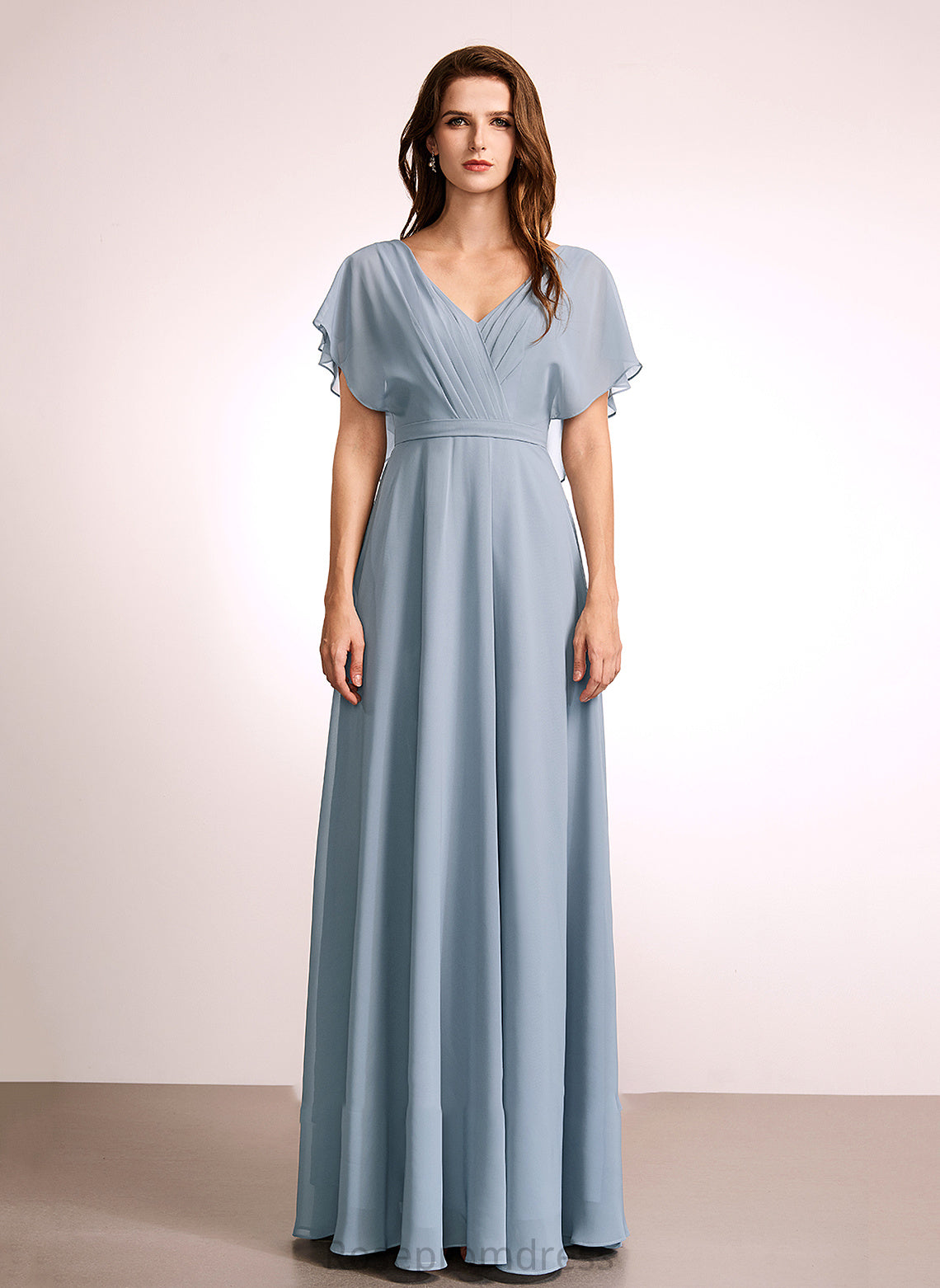 Length V-neck Silhouette Ruffle Fabric Embellishment Neckline Floor-Length A-Line Maliyah Bridesmaid Dresses