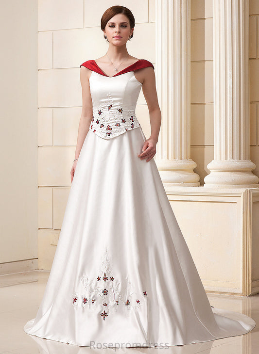 Karly Chapel With Wedding Dress Satin Ball-Gown/Princess Flower(s) Beading Train Wedding Dresses
