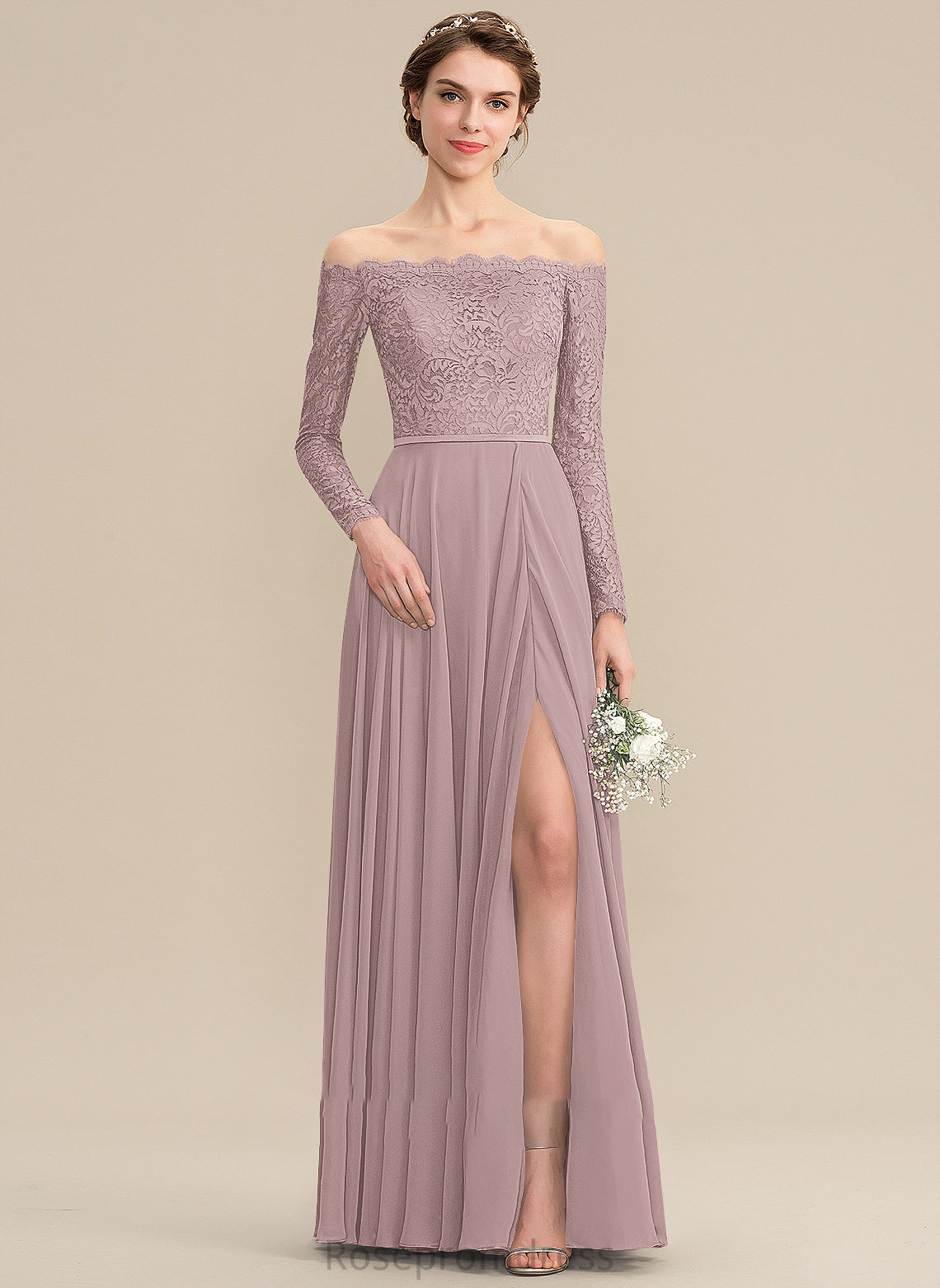 Embellishment Fabric Length Silhouette A-Line SplitFront Neckline Off-the-Shoulder Floor-Length Madisyn A-Line/Princess Natural Waist Bridesmaid Dresses
