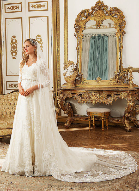 Abagail Beading With V-neck Chapel Train Wedding Dresses Dress Ball-Gown/Princess Lace Sequins Tulle Wedding
