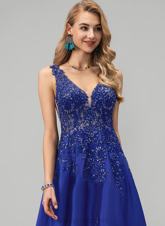 Prom Dresses Floor-Length Sequins With A-Line Angelica Satin V-neck