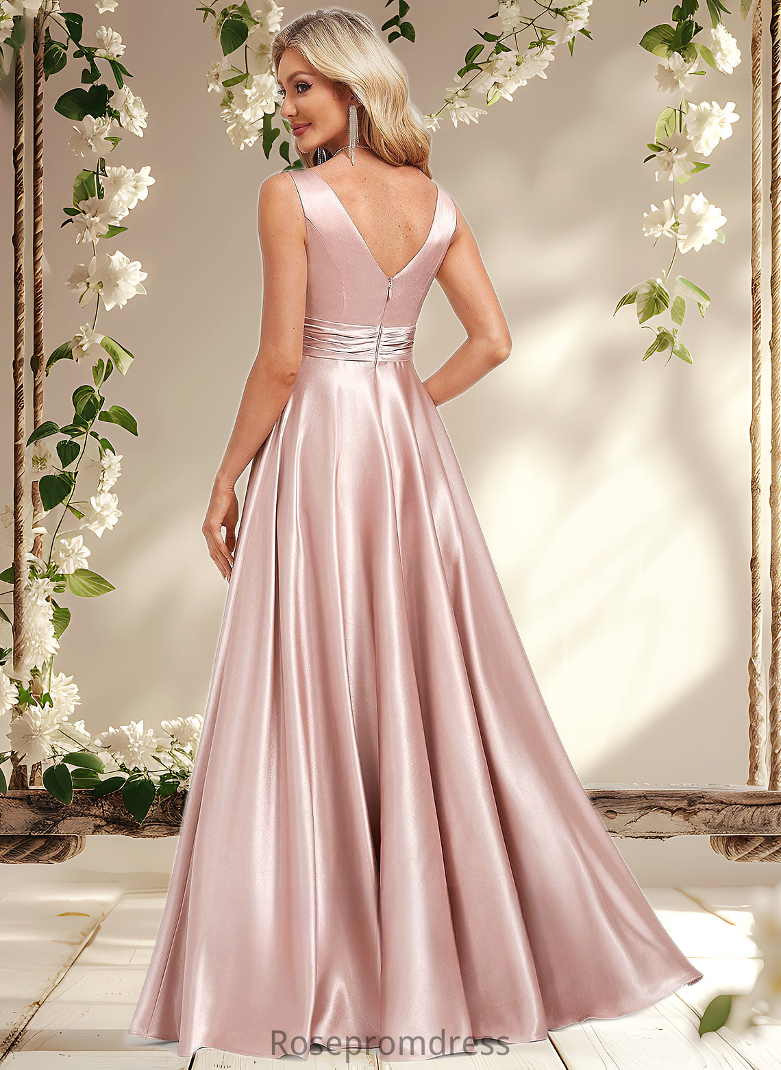 Nina A-line V-Neck Floor-Length Stretch Satin Bridesmaid Dress DSP0025779