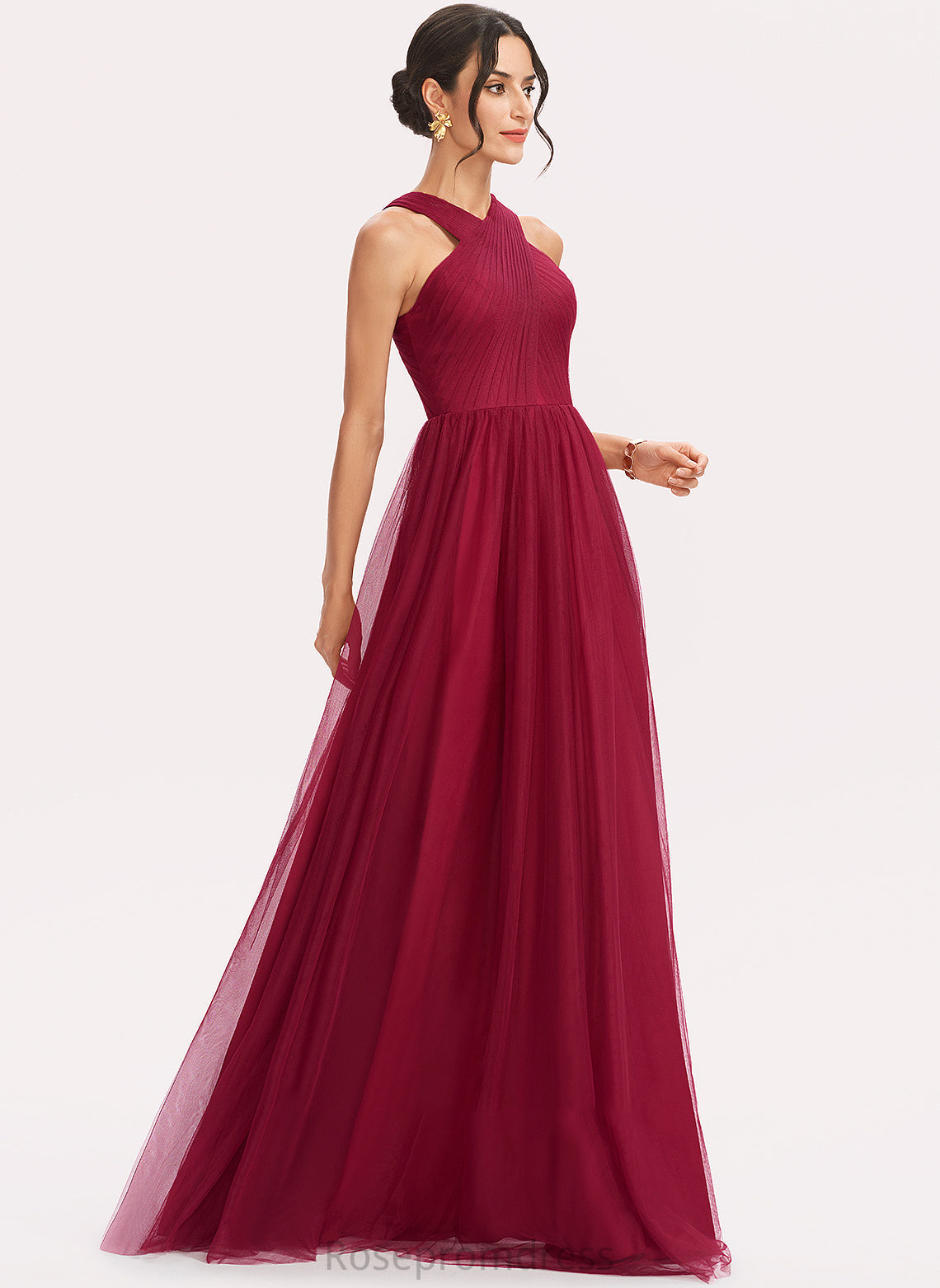 Halter Silhouette Length A-Line Ruffle Fabric Embellishment Floor-Length Neckline Julia Bridesmaid Dresses