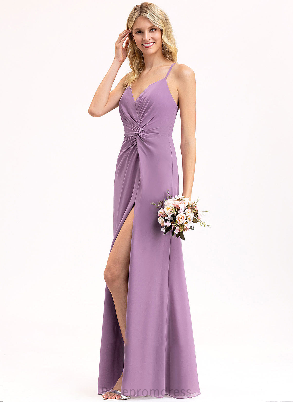 Fabric Neckline Silhouette Embellishment Floor-Length A-Line Ruffle Length V-neck SplitFront Mira Bridesmaid Dresses