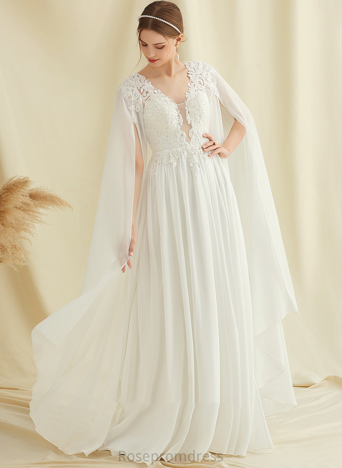 Lace Wedding V-neck Wedding Dresses Norma Chiffon Floor-Length Sequins A-Line With Dress