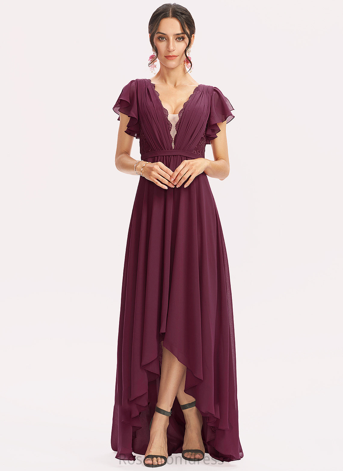 Neckline V-neck Embellishment CascadingRuffles Silhouette Fabric Length Lace A-Line Asymmetrical Nina Natural Waist Bridesmaid Dresses