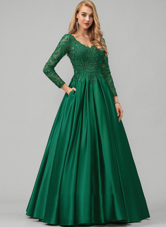 Sequins Floor-Length Lace With Michelle Pockets Beading Prom Dresses Satin V-neck Ball-Gown/Princess