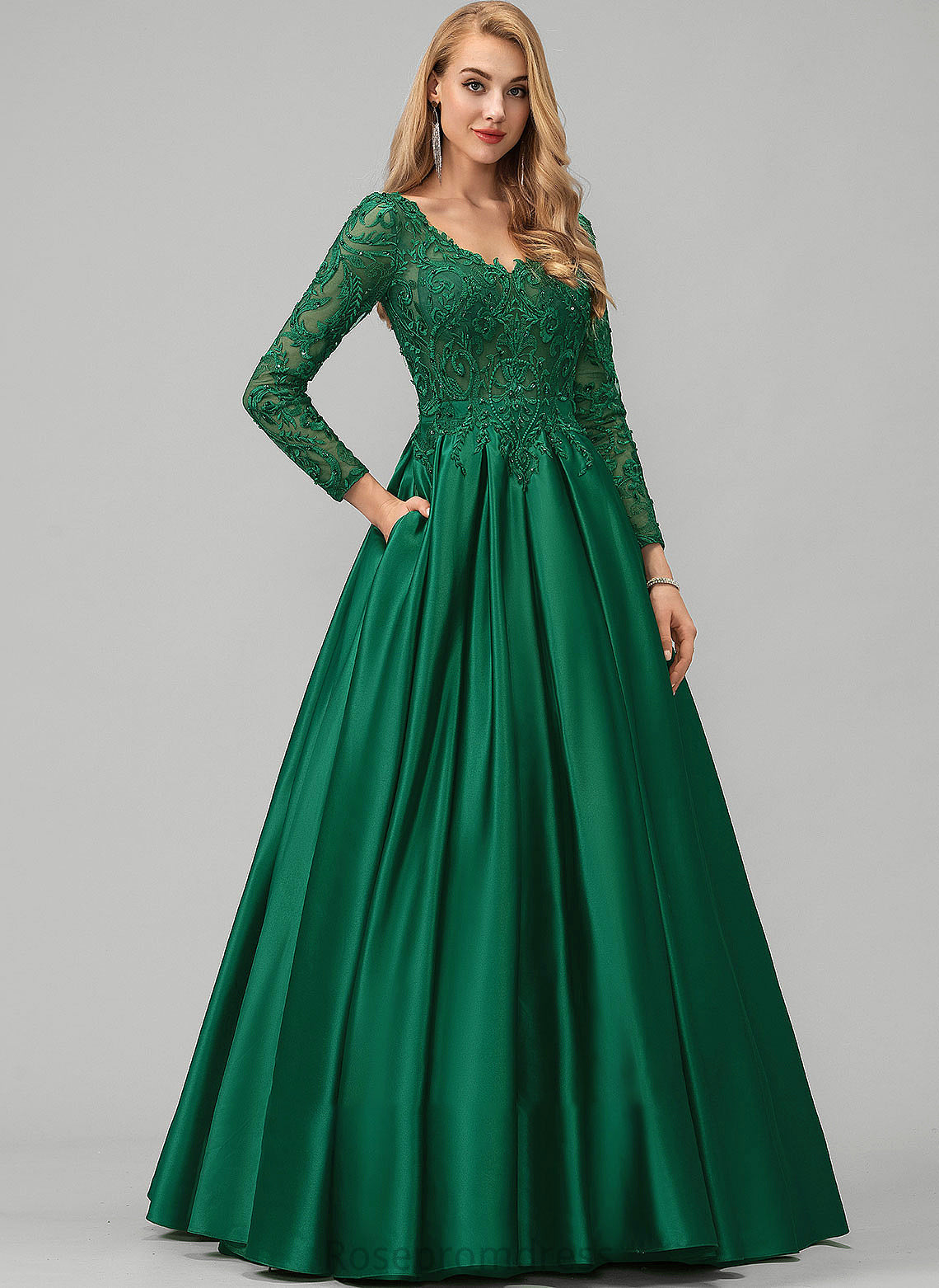 Sequins Floor-Length Lace With Michelle Pockets Beading Prom Dresses Satin V-neck Ball-Gown/Princess